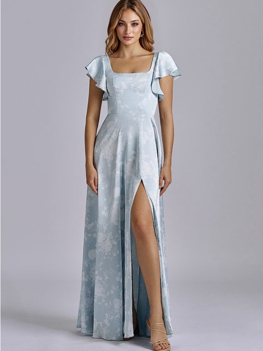 Azazie Bondi Light Blue Square Neck Flutter Sleeve Maxi Dress